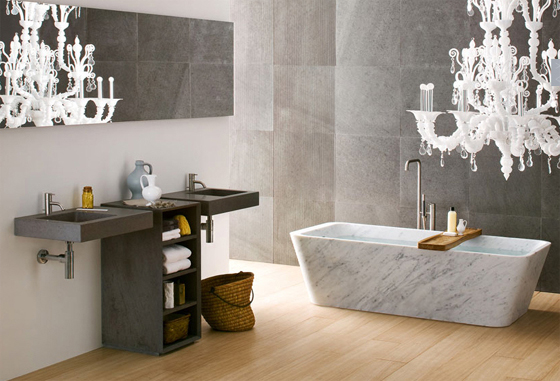 Interior Furniture Bathroom Glossy Stone and Lamp by Neutra