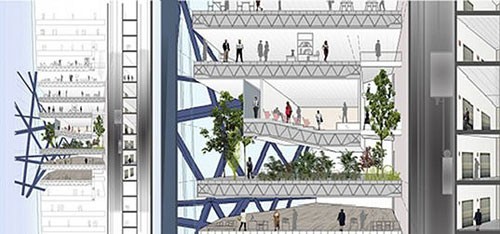 在摩天大楼的中心还有双层公园,供大楼的居住者和公司员工放松
